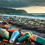**Image:** A polluted ocean filled with plastic waste, contrasting with a deforested landscape. The image should evoke a sense of urgency for environmental protection. Style: Hyperrealistic, dramatic lighting.