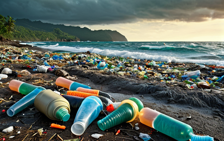 **Image:** A polluted ocean filled with plastic waste, contrasting with a deforested landscape. The image should evoke a sense of urgency for environmental protection. Style: Hyperrealistic, dramatic lighting.