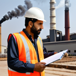 **Environmental Inspector:** A serious environmental inspector in Pakistan, wearing a vest, inspecting a factory with visible pollution (smoke stacks). He is holding a clipboard and talking to a factory worker. Focus on portraying the importance of environmental compliance.