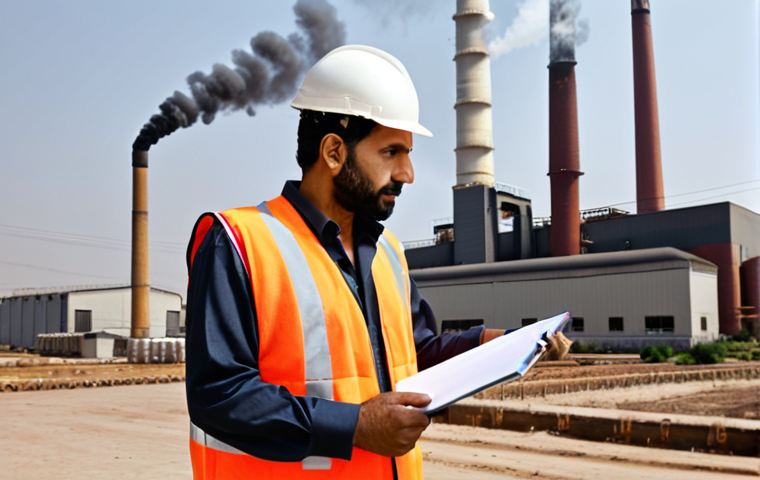 **Environmental Inspector:** A serious environmental inspector in Pakistan, wearing a vest, inspecting a factory with visible pollution (smoke stacks). He is holding a clipboard and talking to a factory worker. Focus on portraying the importance of environmental compliance.