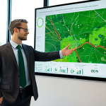 A professional environmental manager in a modest business suit, appropriate attire, standing confidently in a modern, clean environmental research office. One hand gestures towards a large, interactive screen displaying a detailed GIS map of a green, reforested area, while the other holds a tablet showing data analytics charts. Sunlight streams through a large window, illuminating lush green plants on the windowsill, symbolizing nature and sustainability. fully clothed, safe for work, appropriate content, professional dress, perfect anatomy, correct proportions, natural pose, well-formed hands, proper finger count, natural body proportions, high-quality professional photography.