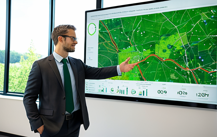 A professional environmental manager in a modest business suit, appropriate attire, standing confidently in a modern, clean environmental research office. One hand gestures towards a large, interactive screen displaying a detailed GIS map of a green, reforested area, while the other holds a tablet showing data analytics charts. Sunlight streams through a large window, illuminating lush green plants on the windowsill, symbolizing nature and sustainability. fully clothed, safe for work, appropriate content, professional dress, perfect anatomy, correct proportions, natural pose, well-formed hands, proper finger count, natural body proportions, high-quality professional photography.