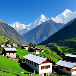 **

A scenic view of the Himalayas, featuring snow-capped peaks, a clear blue sky, and a lush green valley in the foreground. Include a small village with traditional-style houses. "Safe for work," "appropriate content," "fully clothed" villagers in modest attire, "professional" photography, "perfect anatomy," "natural proportions."

**