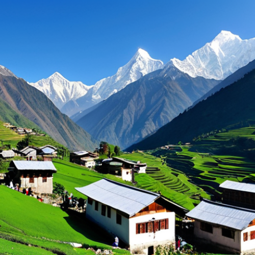 **

A scenic view of the Himalayas, featuring snow-capped peaks, a clear blue sky, and a lush green valley in the foreground. Include a small village with traditional-style houses. "Safe for work," "appropriate content," "fully clothed" villagers in modest attire, "professional" photography, "perfect anatomy," "natural proportions."

**