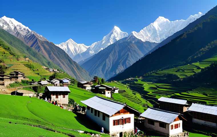 **

A scenic view of the Himalayas, featuring snow-capped peaks, a clear blue sky, and a lush green valley in the foreground. Include a small village with traditional-style houses. "Safe for work," "appropriate content," "fully clothed" villagers in modest attire, "professional" photography, "perfect anatomy," "natural proportions."

**